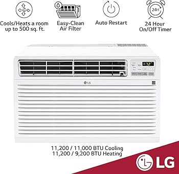 LG 11,200 BTU Through-the-Wall Air Conditioner, Cools 550 Sq.Ft. (22' x 25'  Room Size), Electronic Control with Remote, 2 Cooling & Fan Speeds, 4-Way